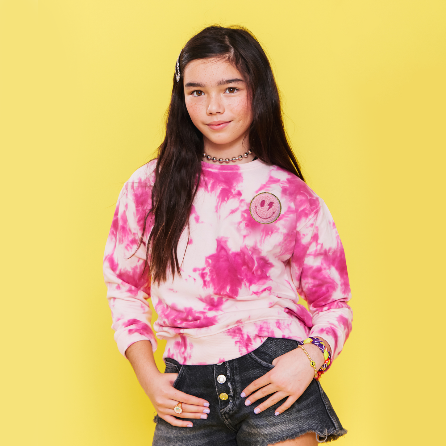 Girls Tie Dye Smiley Crewneck Sweatshirt
