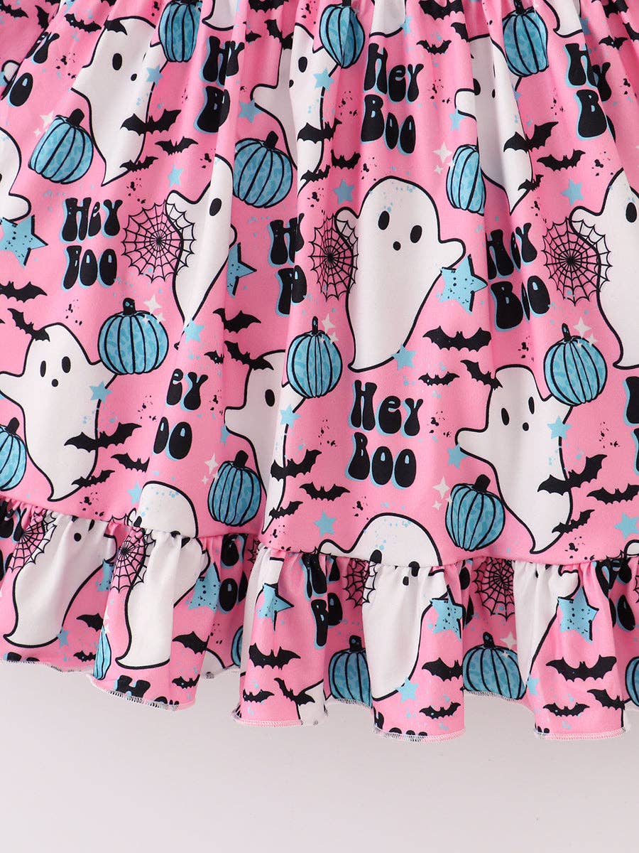 Halloween Pink Hey Boo Ghose Print Girl Twirl Dress