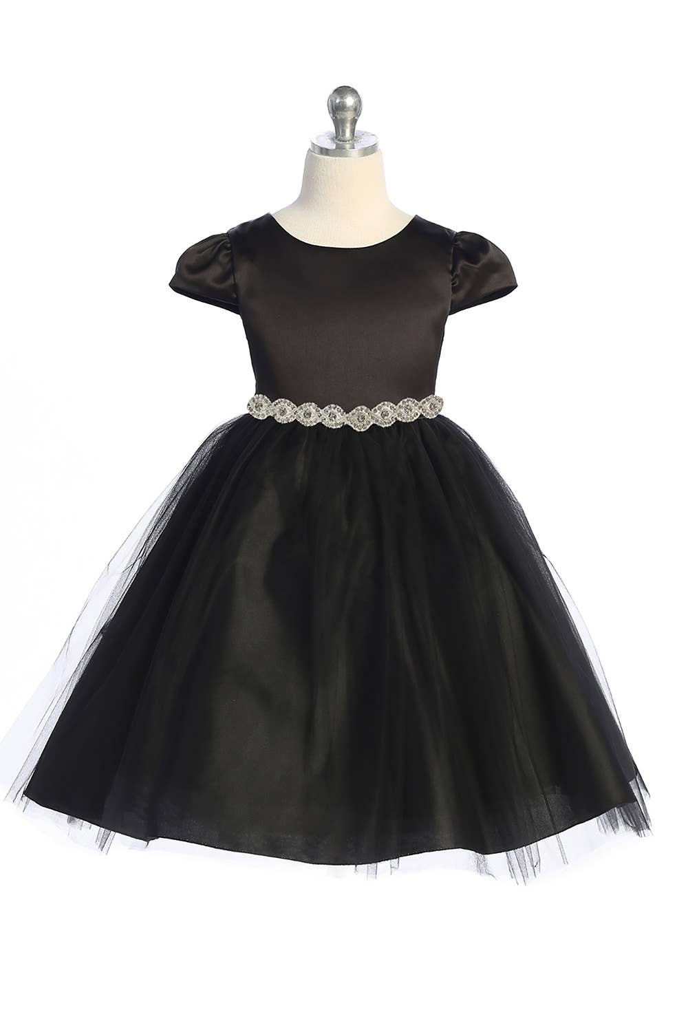 Capped Sleeve Satin Dress with Rhinestone Trim