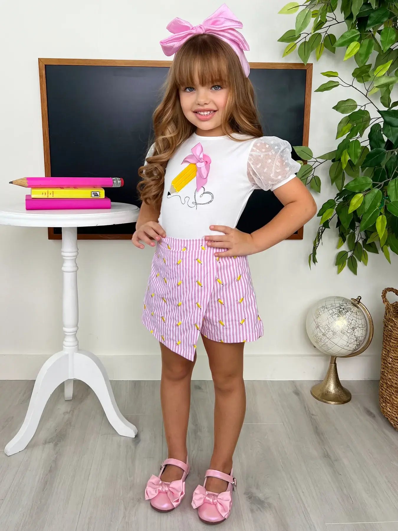 Schoolgirl Pencil Chic Puff Sleeve Top And Striped Skort Set