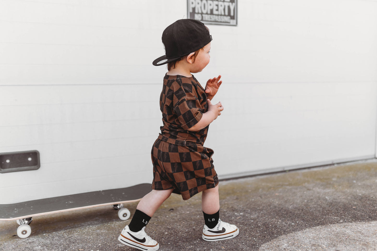 Brown Checkered Lightning Bolt Ribbed Lounge Short Set