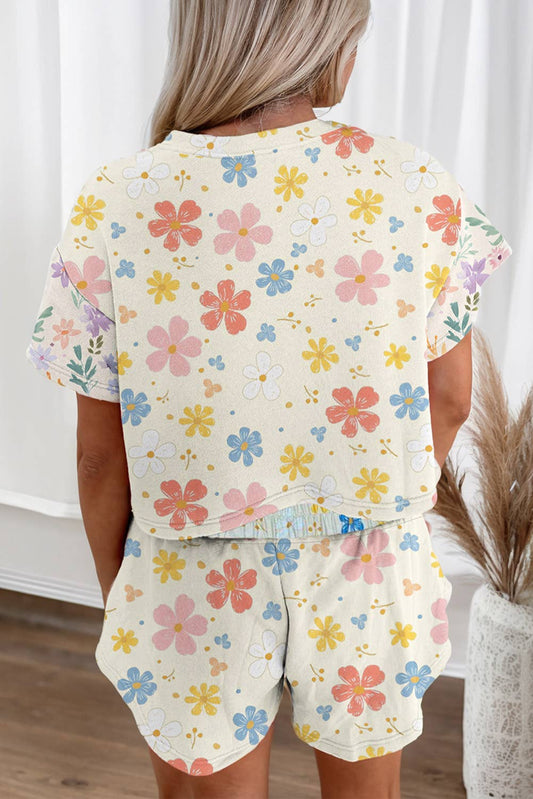 Floral Print Dropped Sleeve 2pcs Short