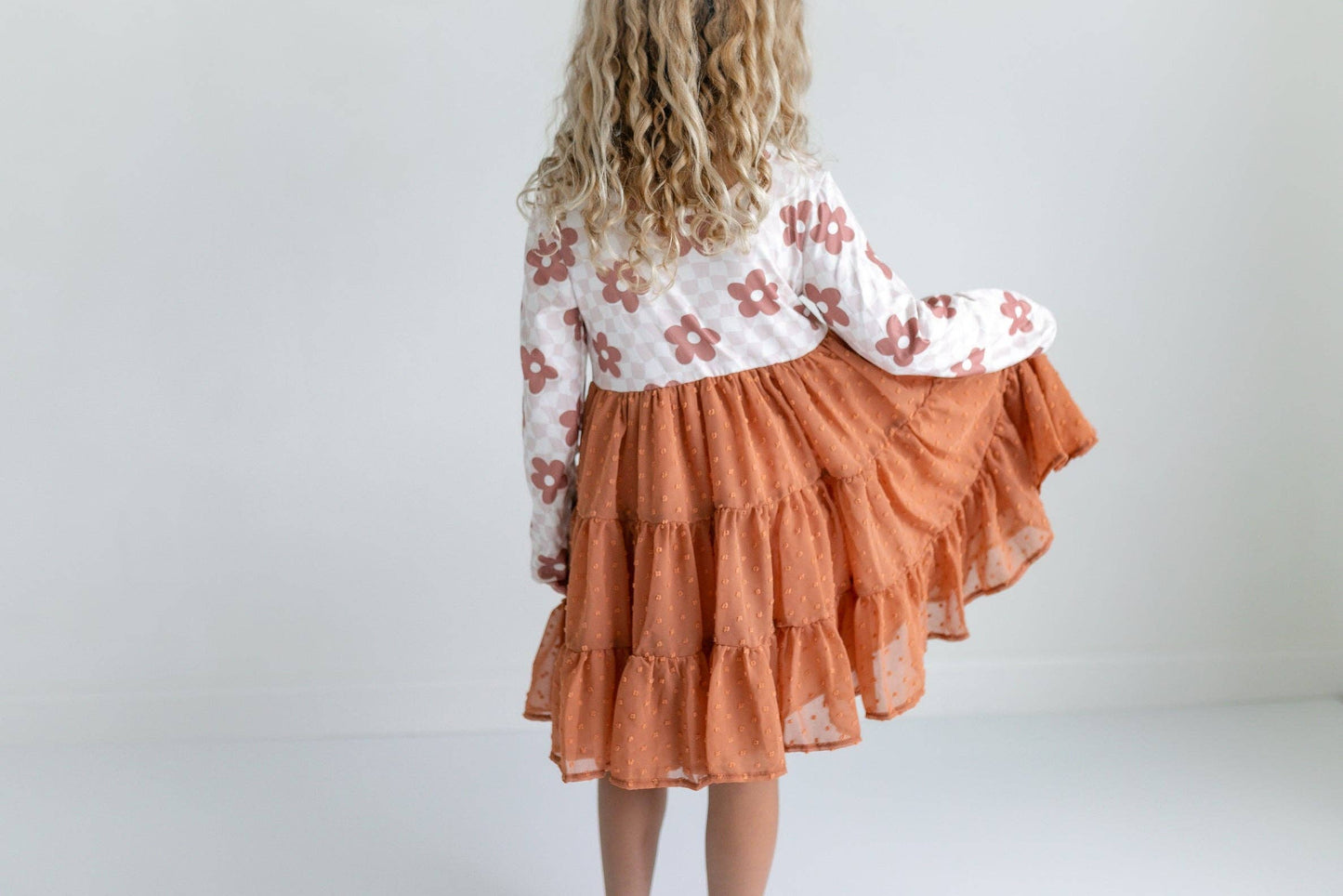 Kids Taupe Flower Check Print Swiss Dot Tulle Fall Dress