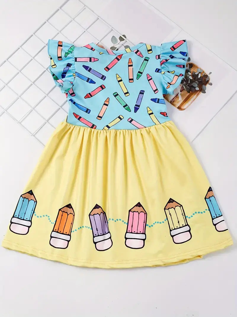 Girls Colorful Crayon Ruffle Flare Dress for back to school