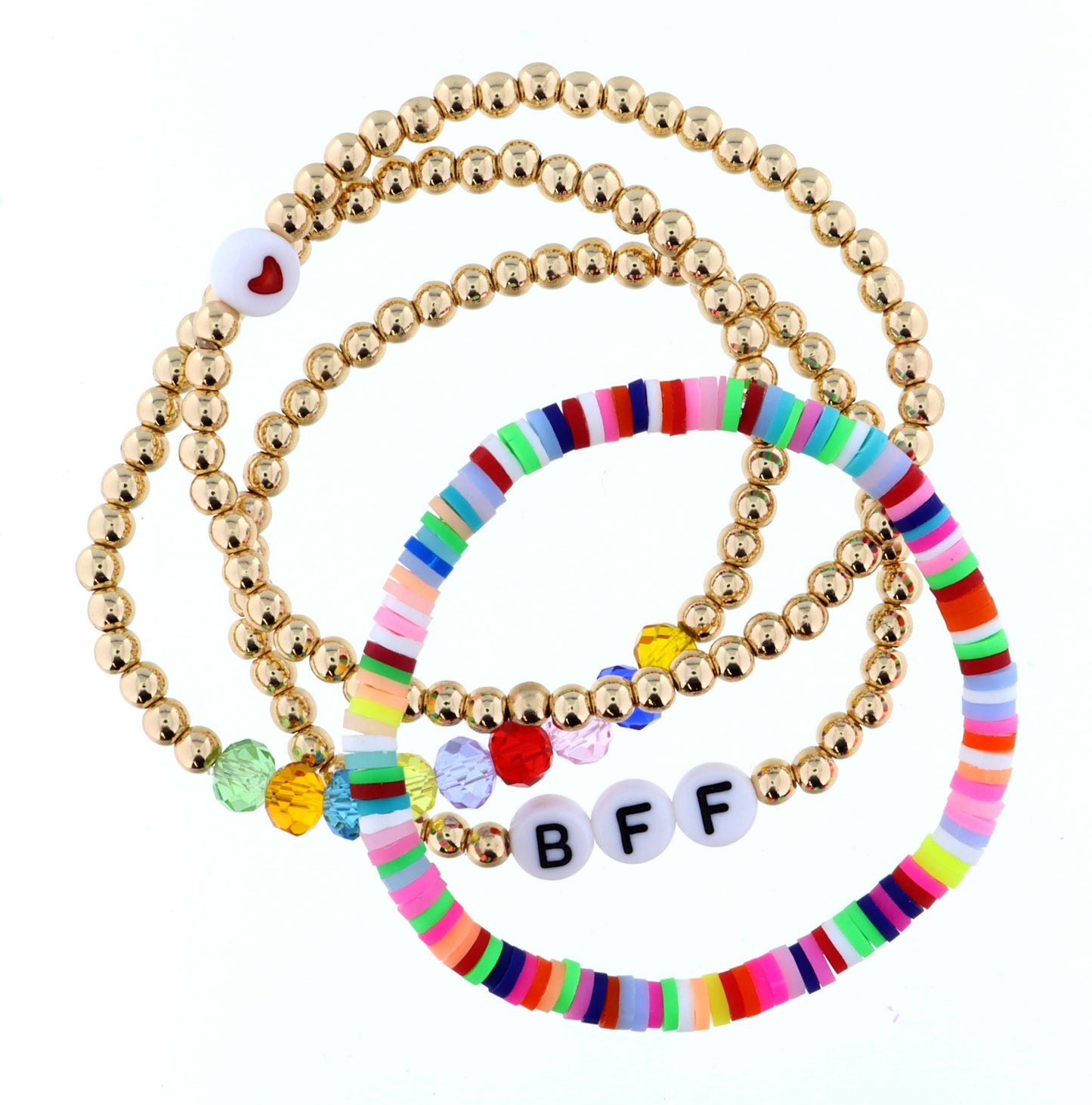 Kids Set of 4, Gold, Multi Beaded with "BFF" Bracelet