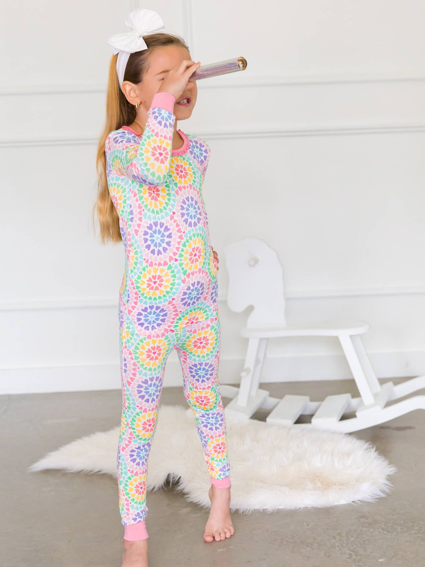 Toddler Girls Rainbow Kaleidoscope Hearts Bamboo Viscose Ruffle Long Sleeve Pajama Set