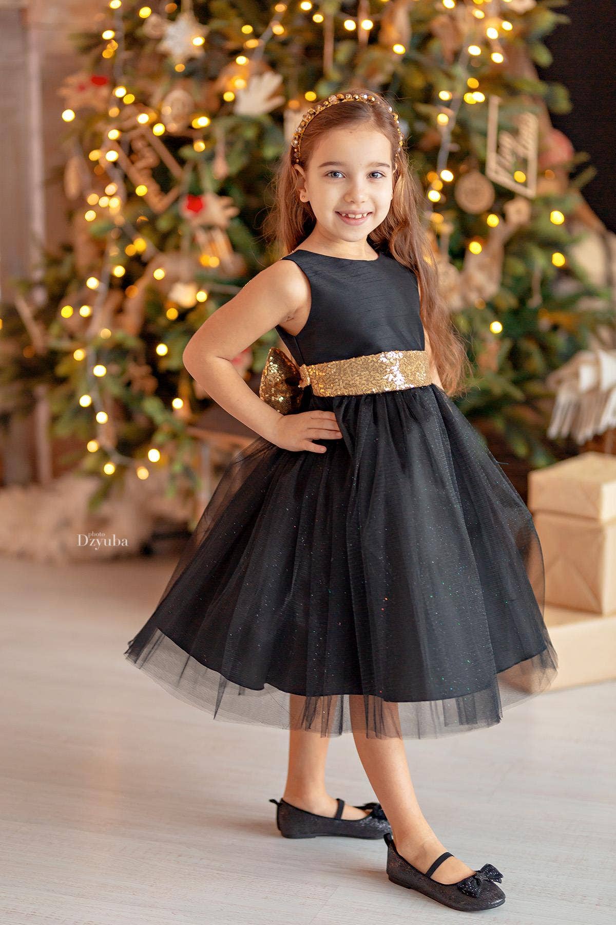 Gold Sequins V Back & Bow Girls Dress