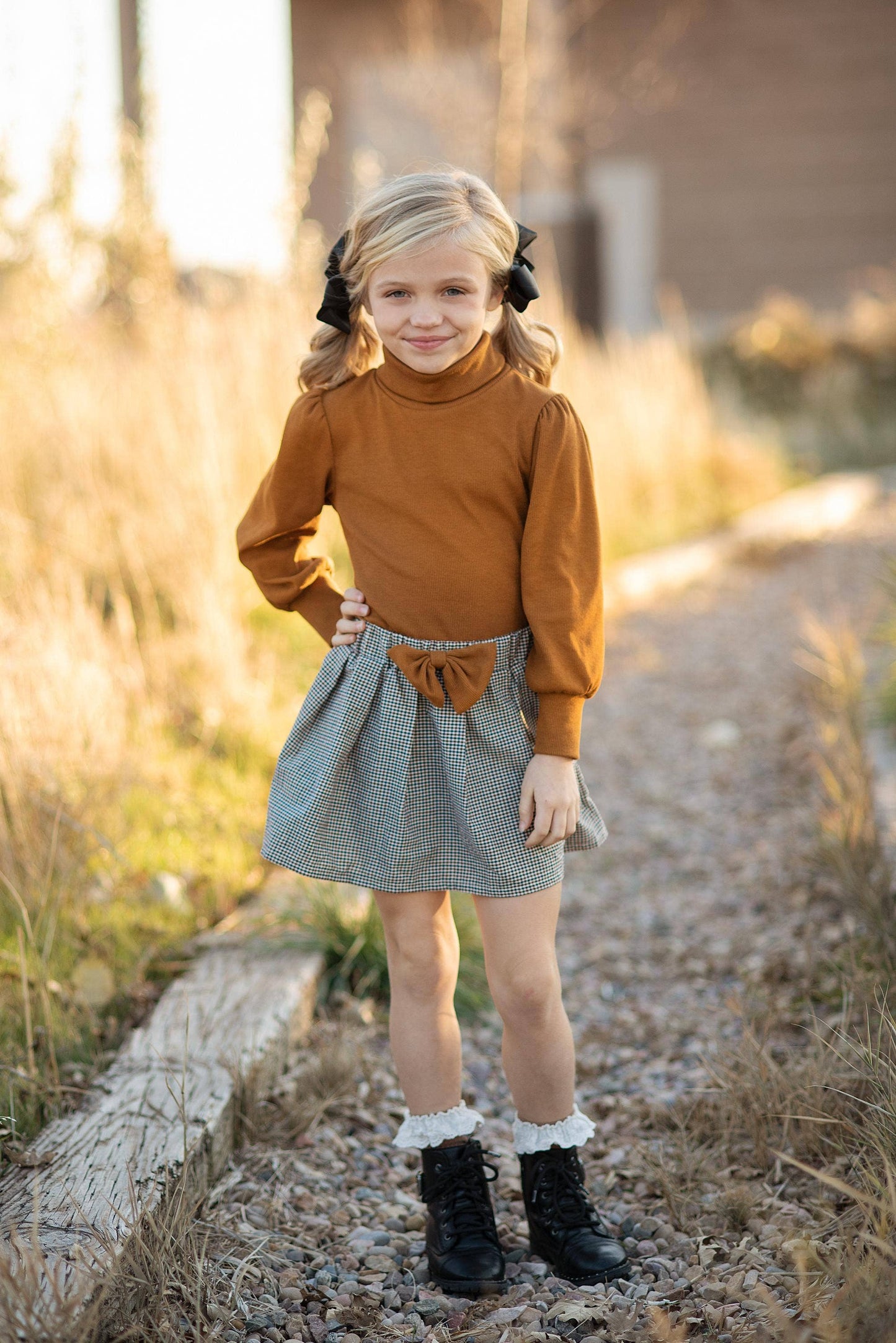Kids Carmel Puff Sleeve Top & Bow Check Fall Skirt Set