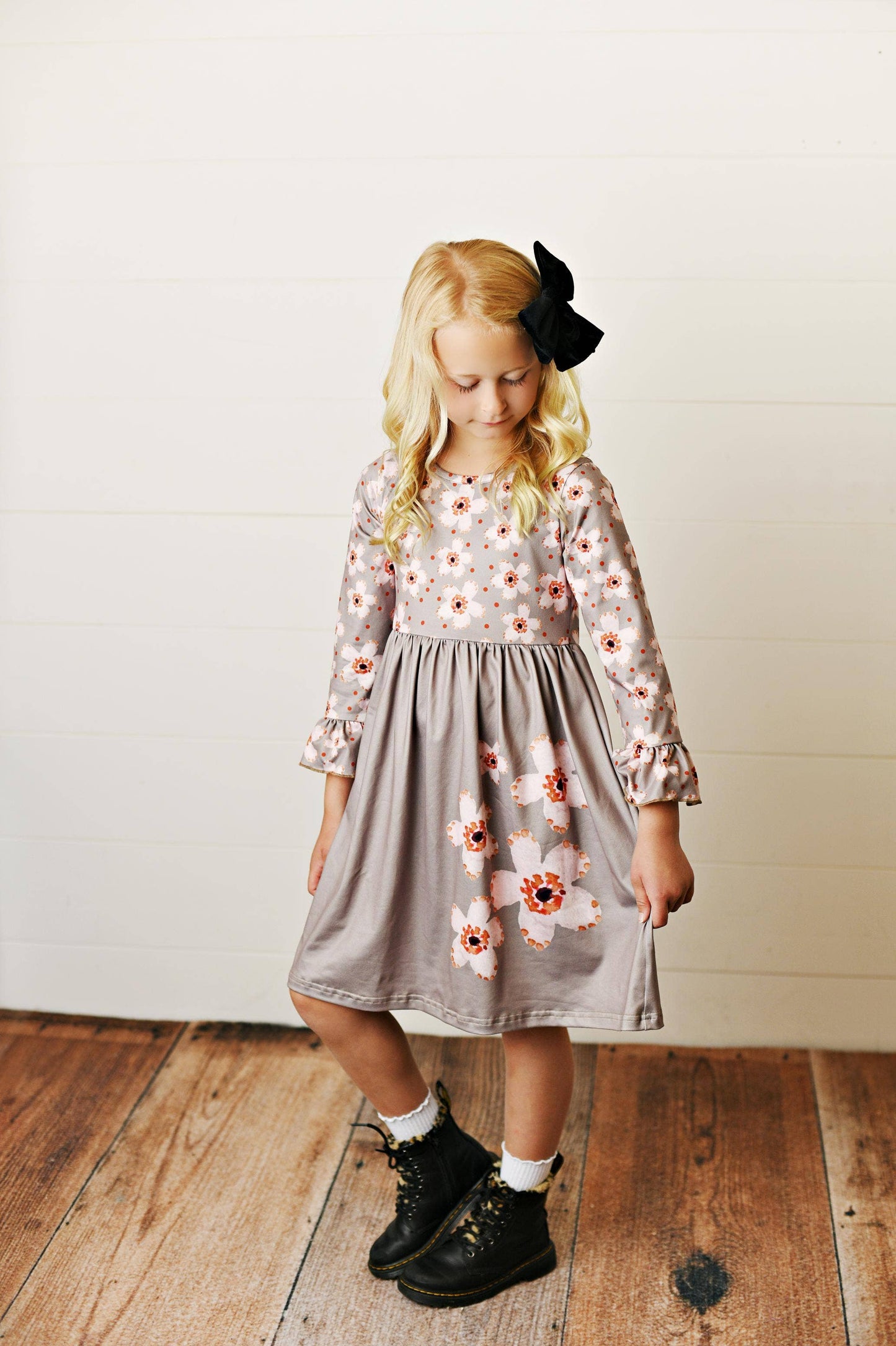 Kids Claire Beige Flower Print Twirl Fall Winter Dress