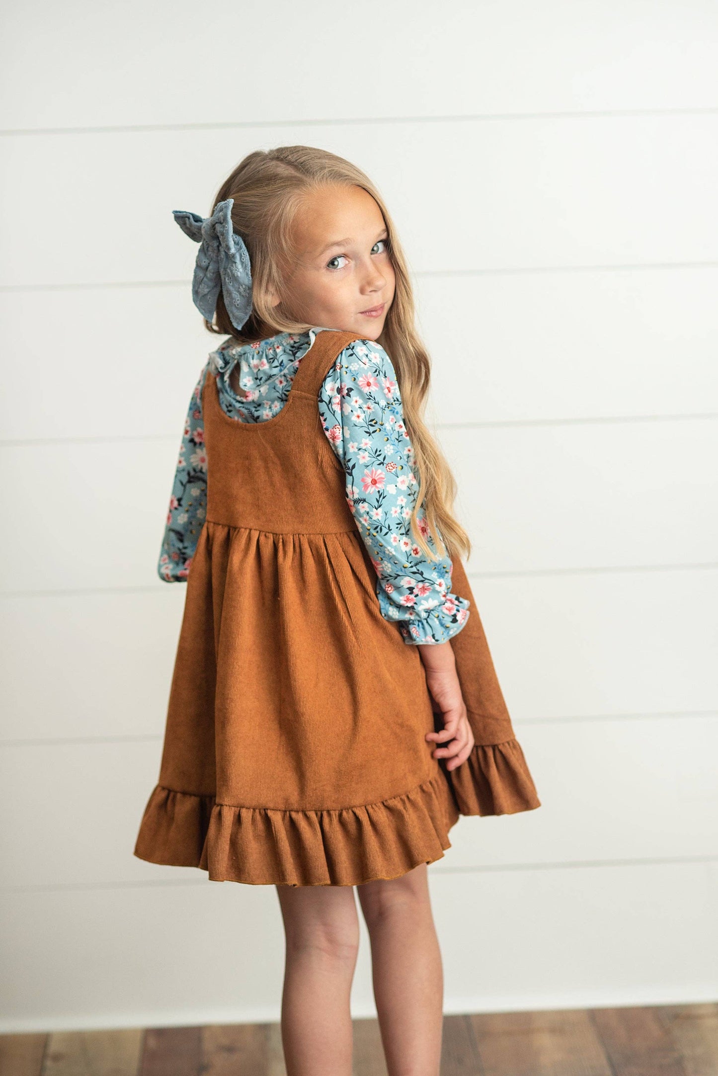 Kids Blue Floral Smocked Top & Caramel Corduroy Jumper Set