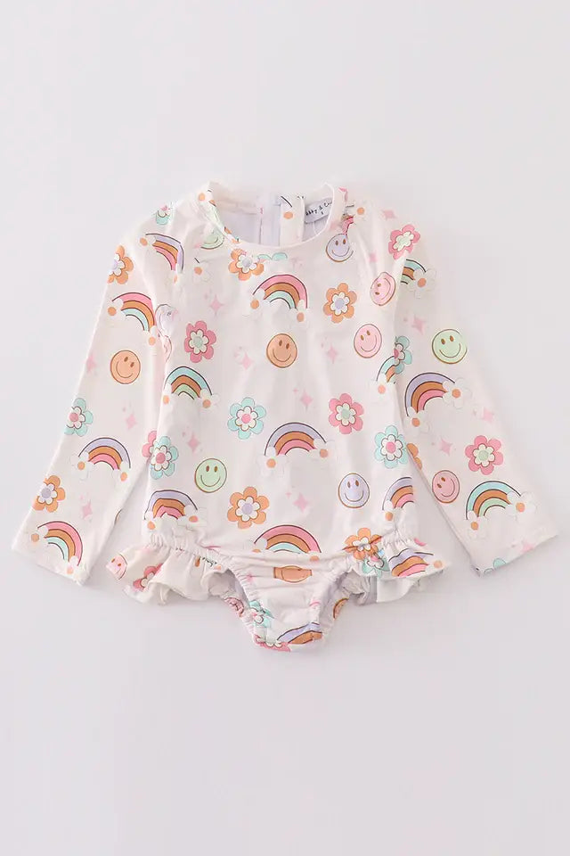 Rainbow smile print girl swimsuit