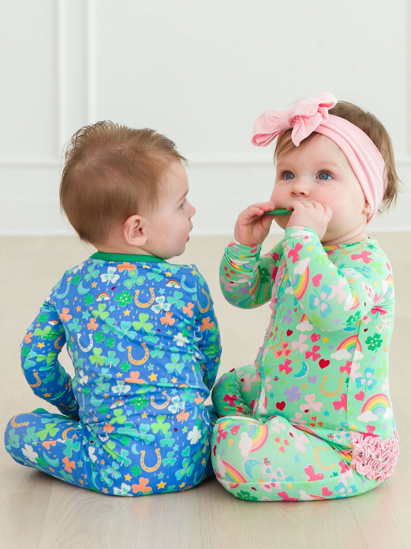 Baby Girls Green Lucky Day Bamboo Viscose Footed Ruffle One Piece Pajama