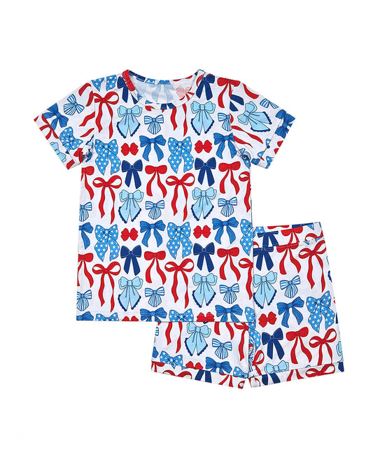 4th of July Bamboo Shorts Set | Red-White & Bows