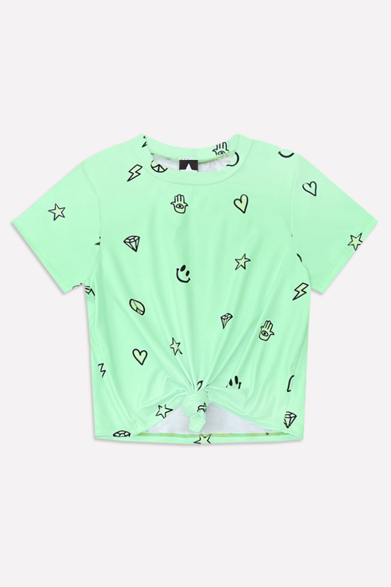 Simply Soft Tie Front Tee - Washed Neon Lime Emojis
