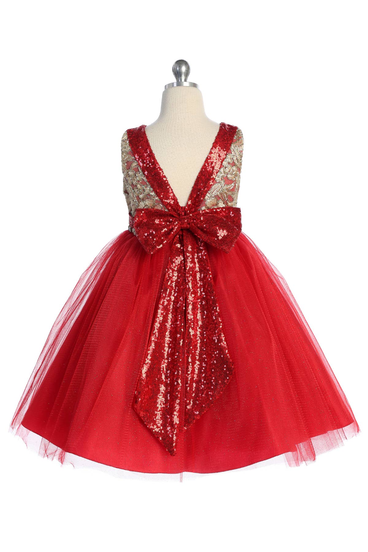 Gold Embroidered Lace V Back & Bow Girl Dress with Plus Size