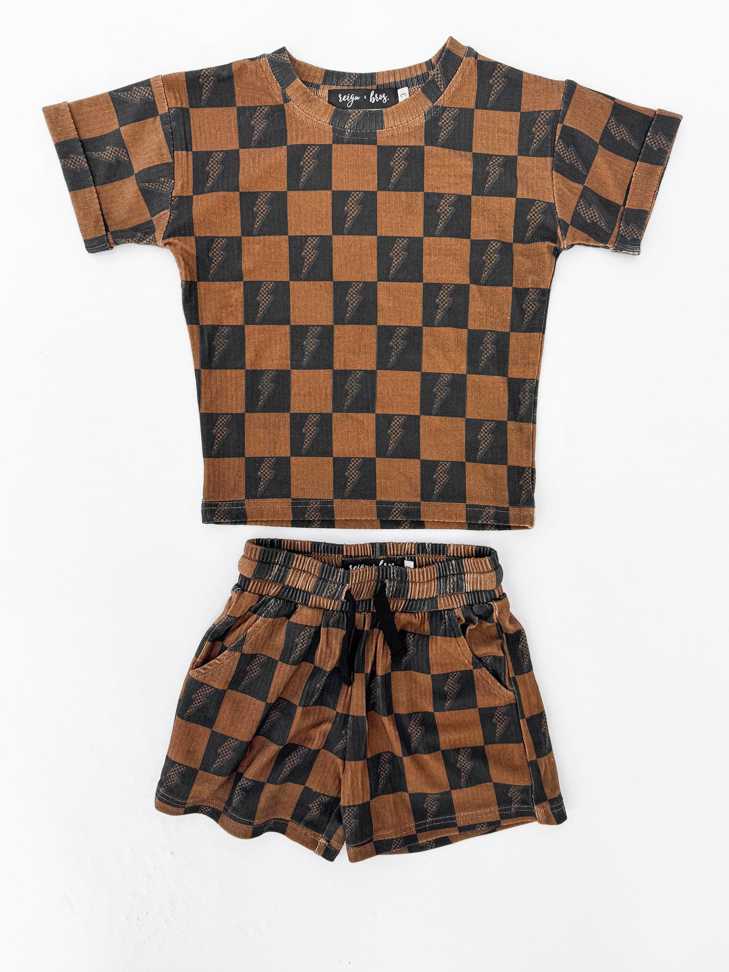 Brown Checkered Lightning Bolt Ribbed Lounge Short Set
