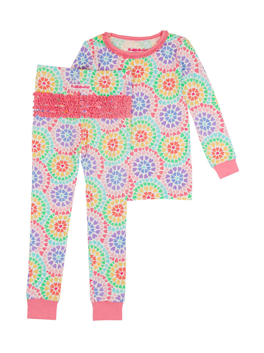 Toddler Girls Rainbow Kaleidoscope Hearts Bamboo Viscose Ruffle Long Sleeve Pajama Set