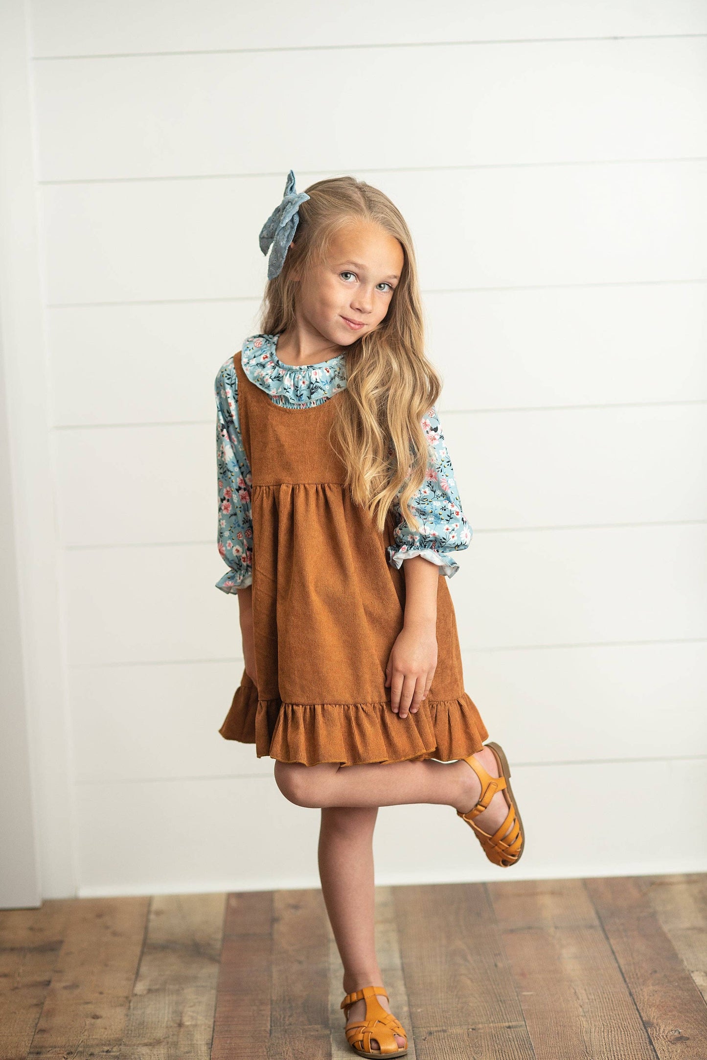 Kids Blue Floral Smocked Top & Caramel Corduroy Jumper Set