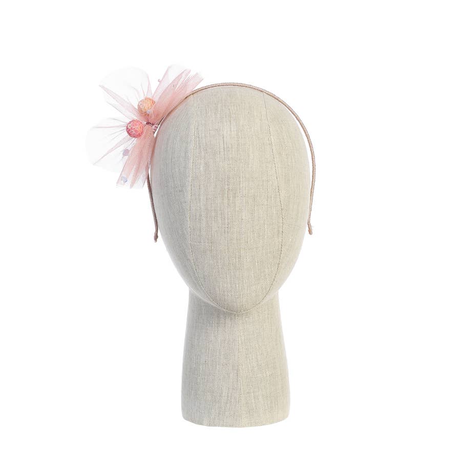 Tulle Bow Headband with Two Multicolored Pom Poms