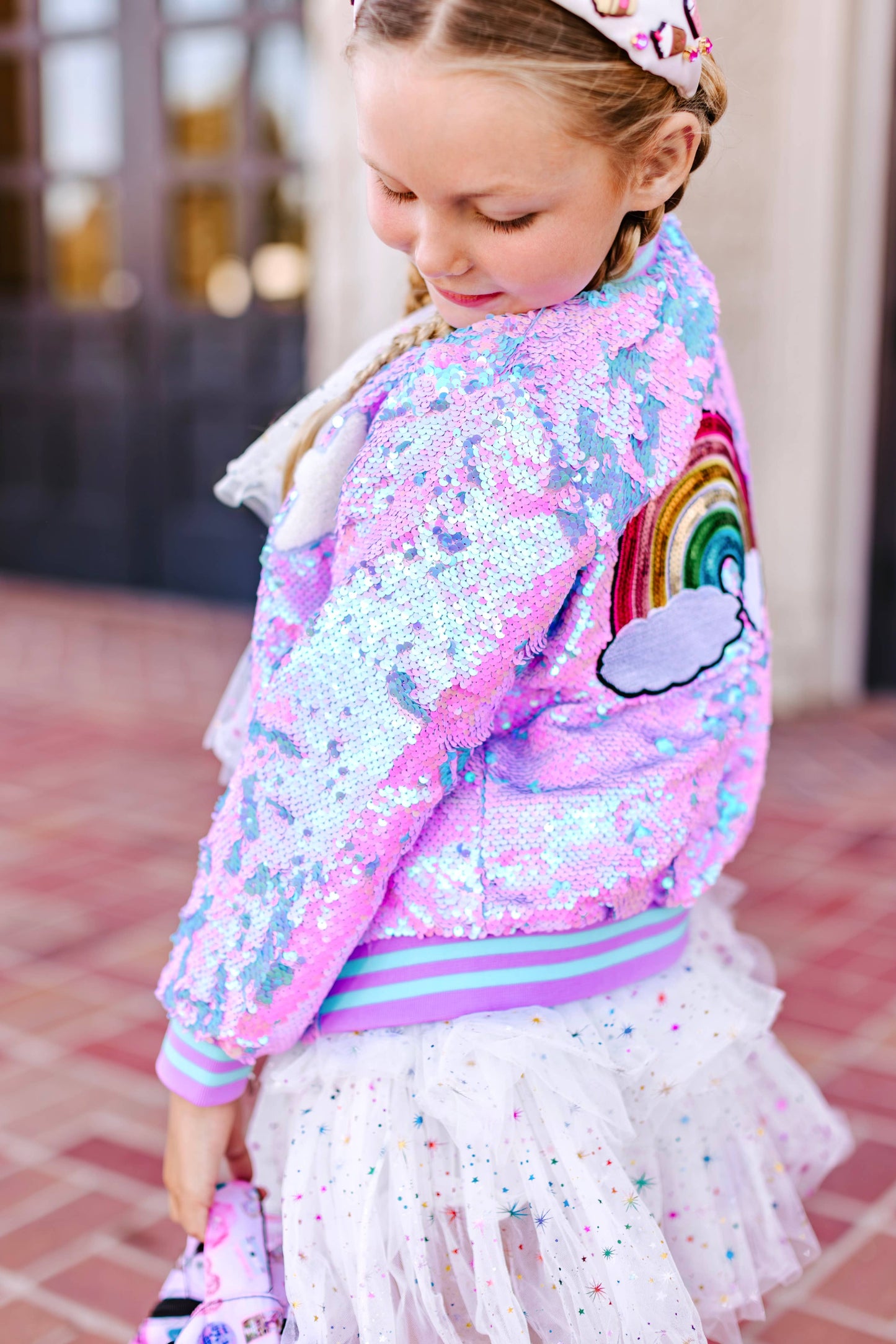 Girls Purple Iridescent Patched Sequins Bomber Jacket