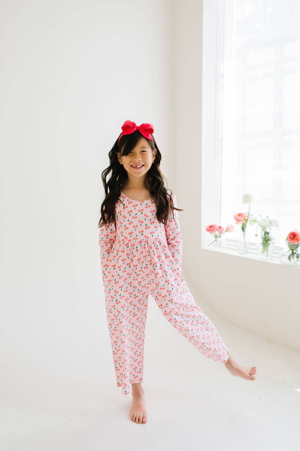Long Sleeve Pant Romper in Cherries | girls Clothing