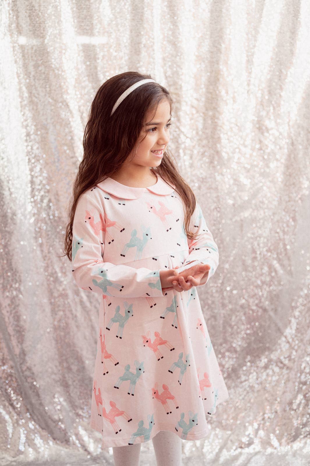 Retro Pink Reindeer Girls Christmas Dress Vintage Style