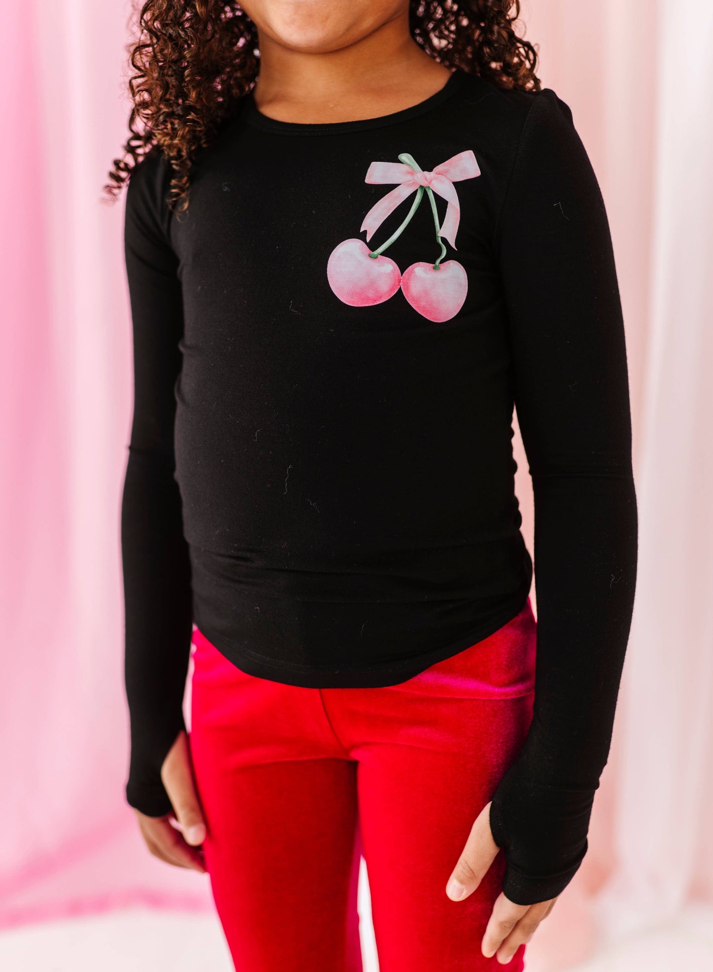 Mini Bow Cherries | Black Bamboo Long Sleevee