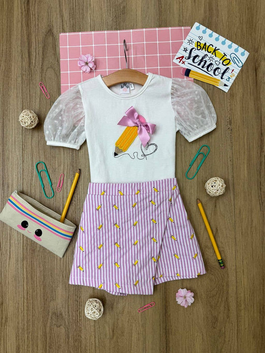 Schoolgirl Pencil Chic Puff Sleeve Top And Striped Skort Set