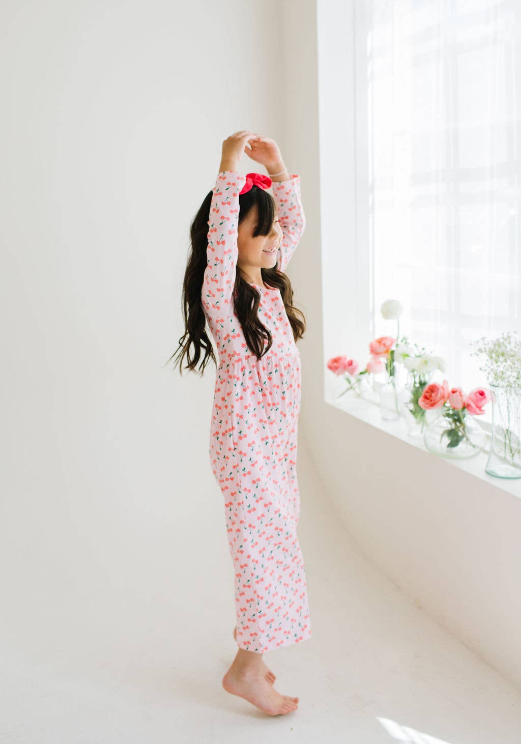 Long Sleeve Pant Romper in Cherries | girls Clothing