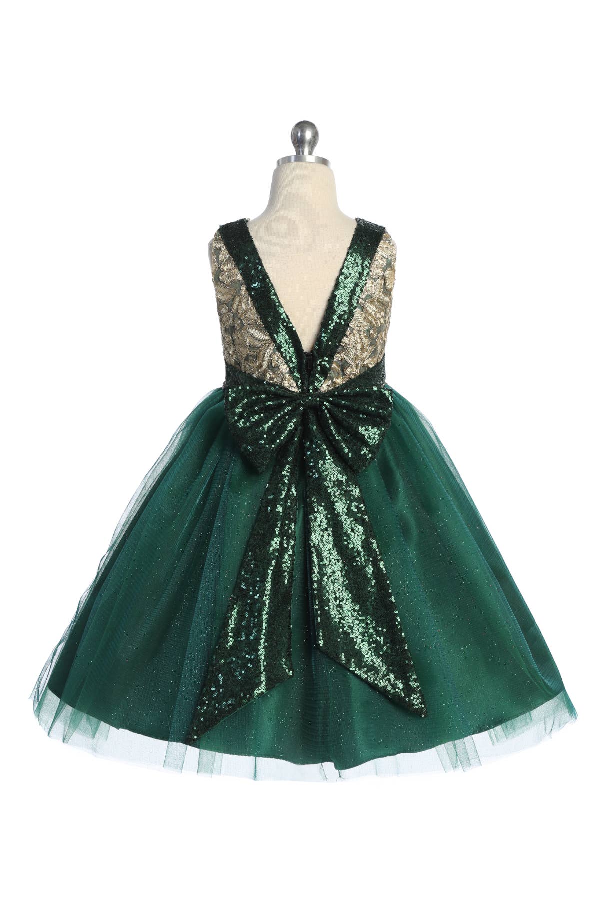 Gold Embroidered Lace V Back & Bow Girl Dress with Plus Size