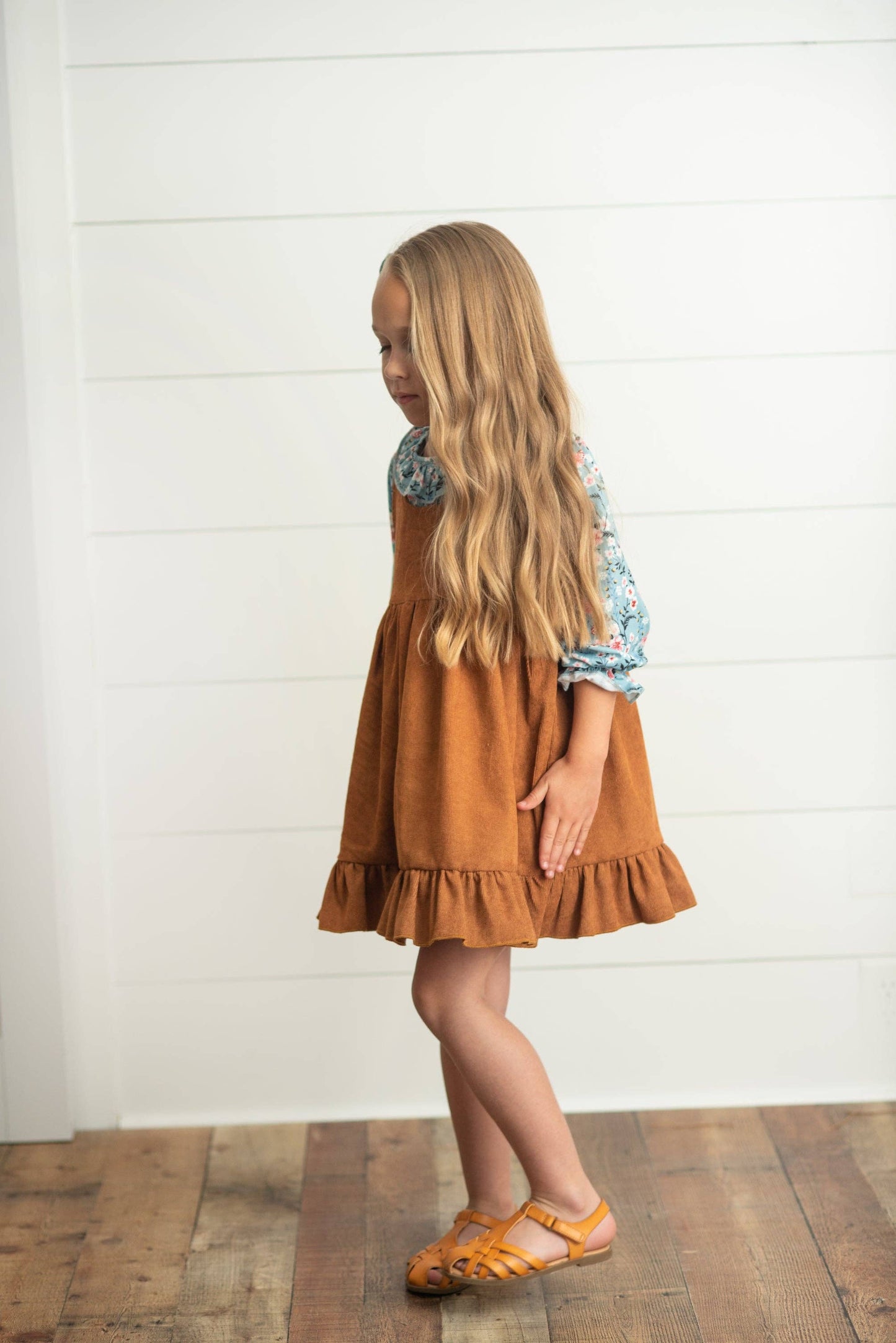 Kids Blue Floral Smocked Top & Caramel Corduroy Jumper Set