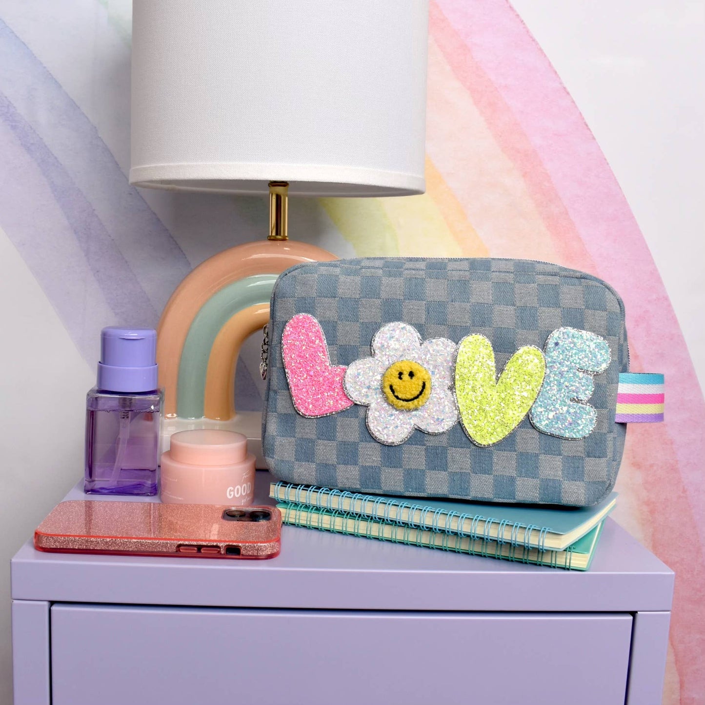 'Love' Denim Checkered Daisy Pouch
