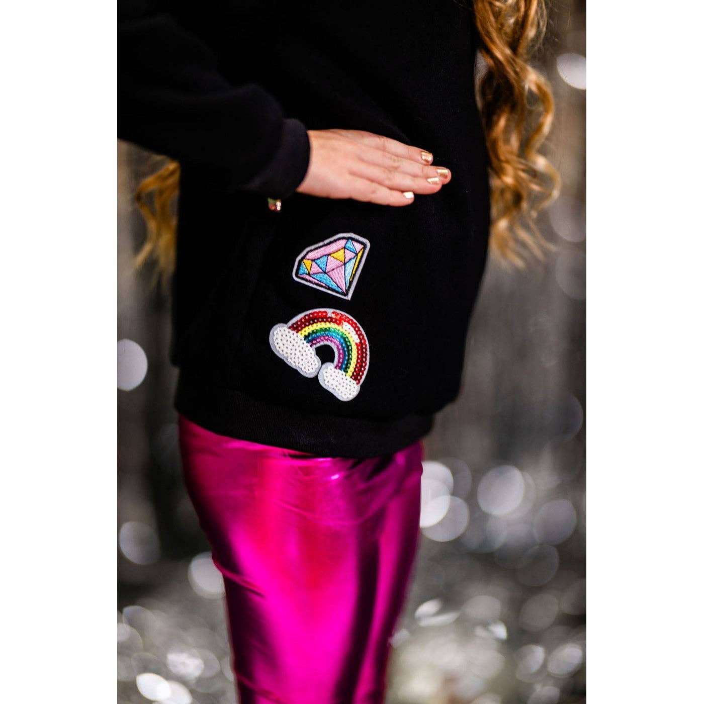 Girls Patched Black Crewneck with Gems