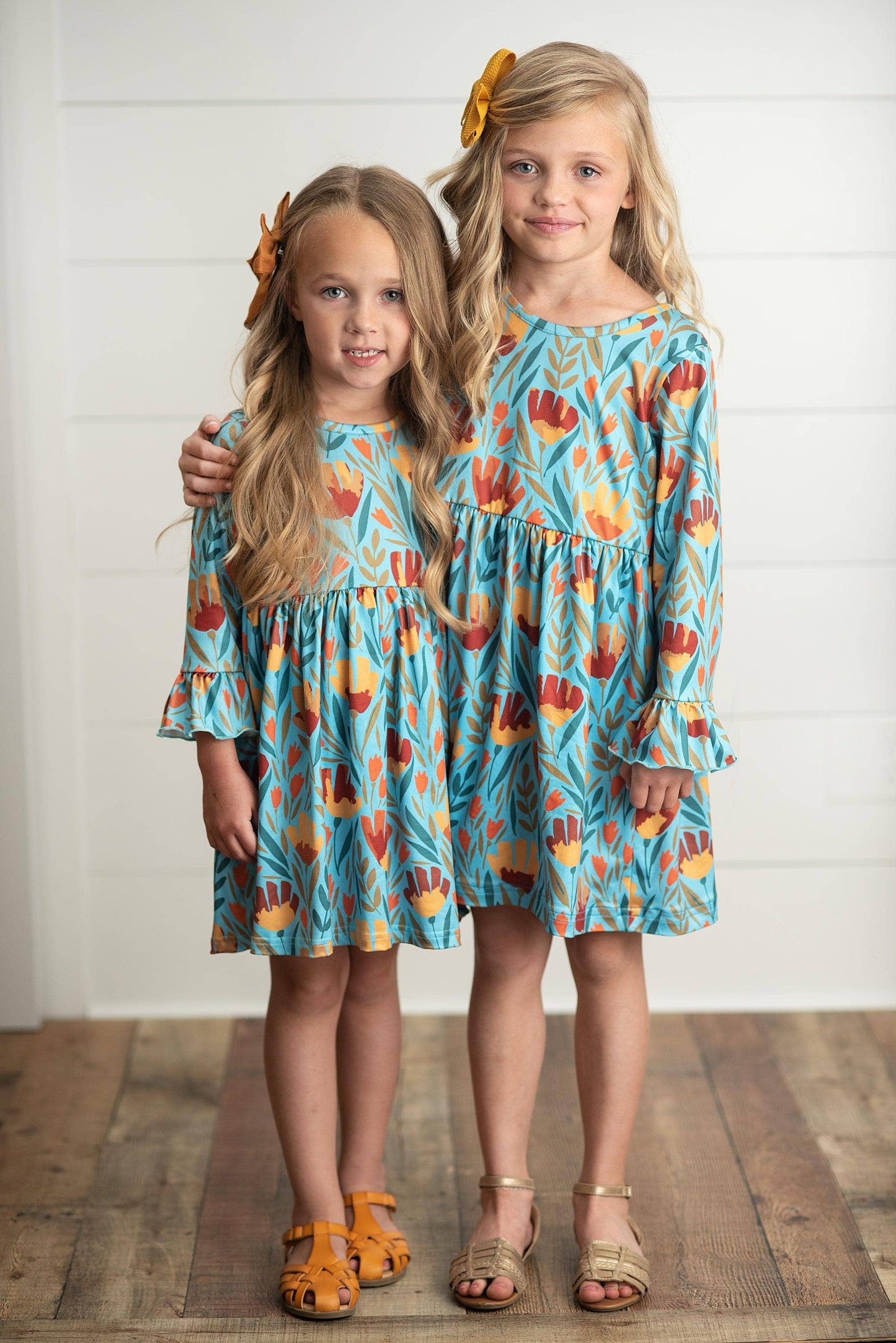 Kids Claire Mustard Teal Floral Print Fall Twirl Dress