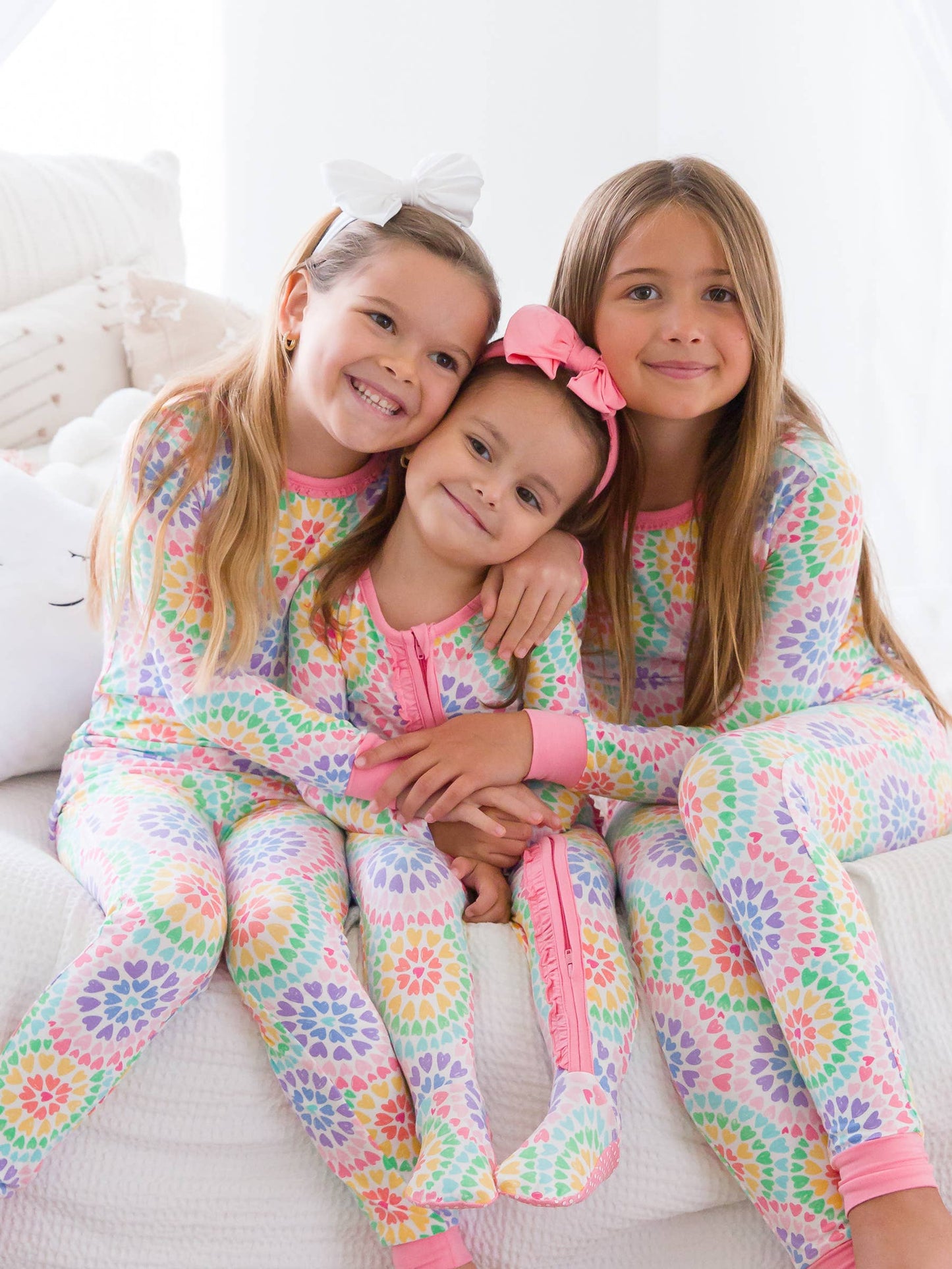 Girls Rainbow Kaleidoscope Hearts Bamboo Viscose Ruffle Long Sleeve Pajama Set