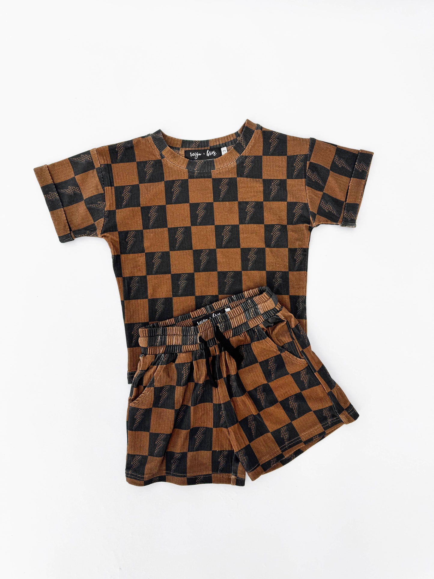 Brown Checkered Lightning Bolt Ribbed Lounge Short Set