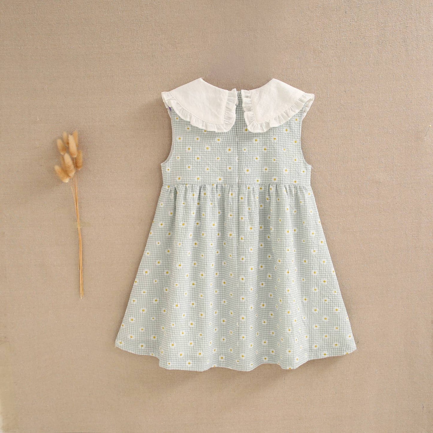 Vichy green and daisy checkered girl's dress