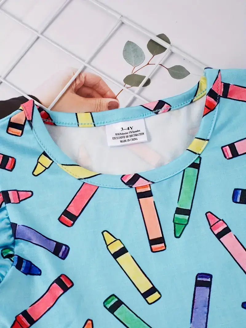 Girls Colorful Crayon Ruffle Flare Dress for back to school
