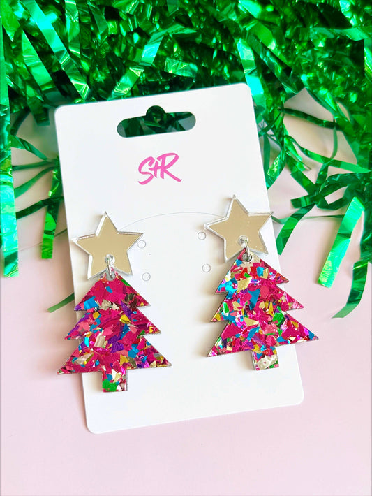Hot Pink Confetti Acrylic Christmas Tree with Silver Star