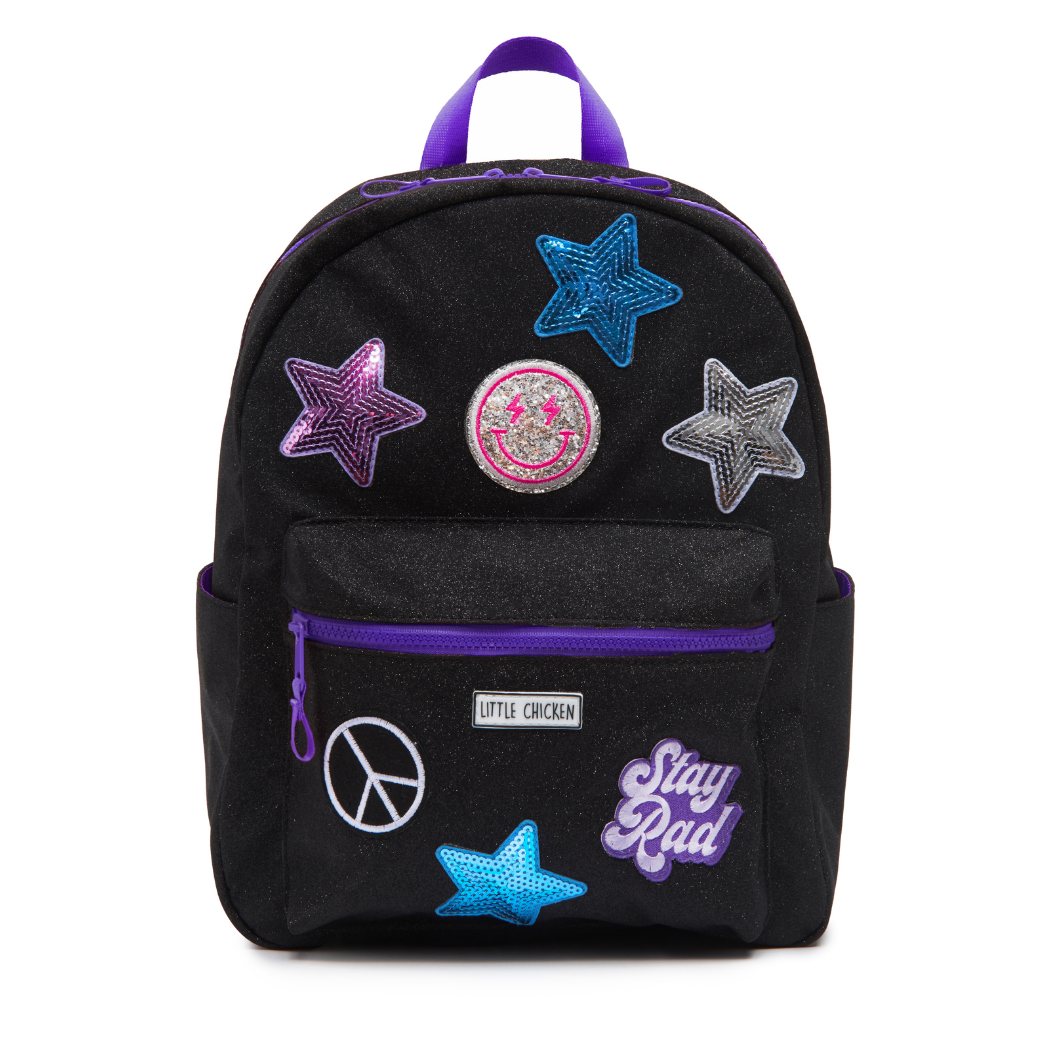 Black Glitter Kids Backpack with Patches, Back to School