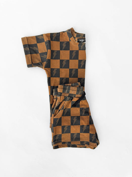 Brown Checkered Lightning Bolt Ribbed Lounge Short Set