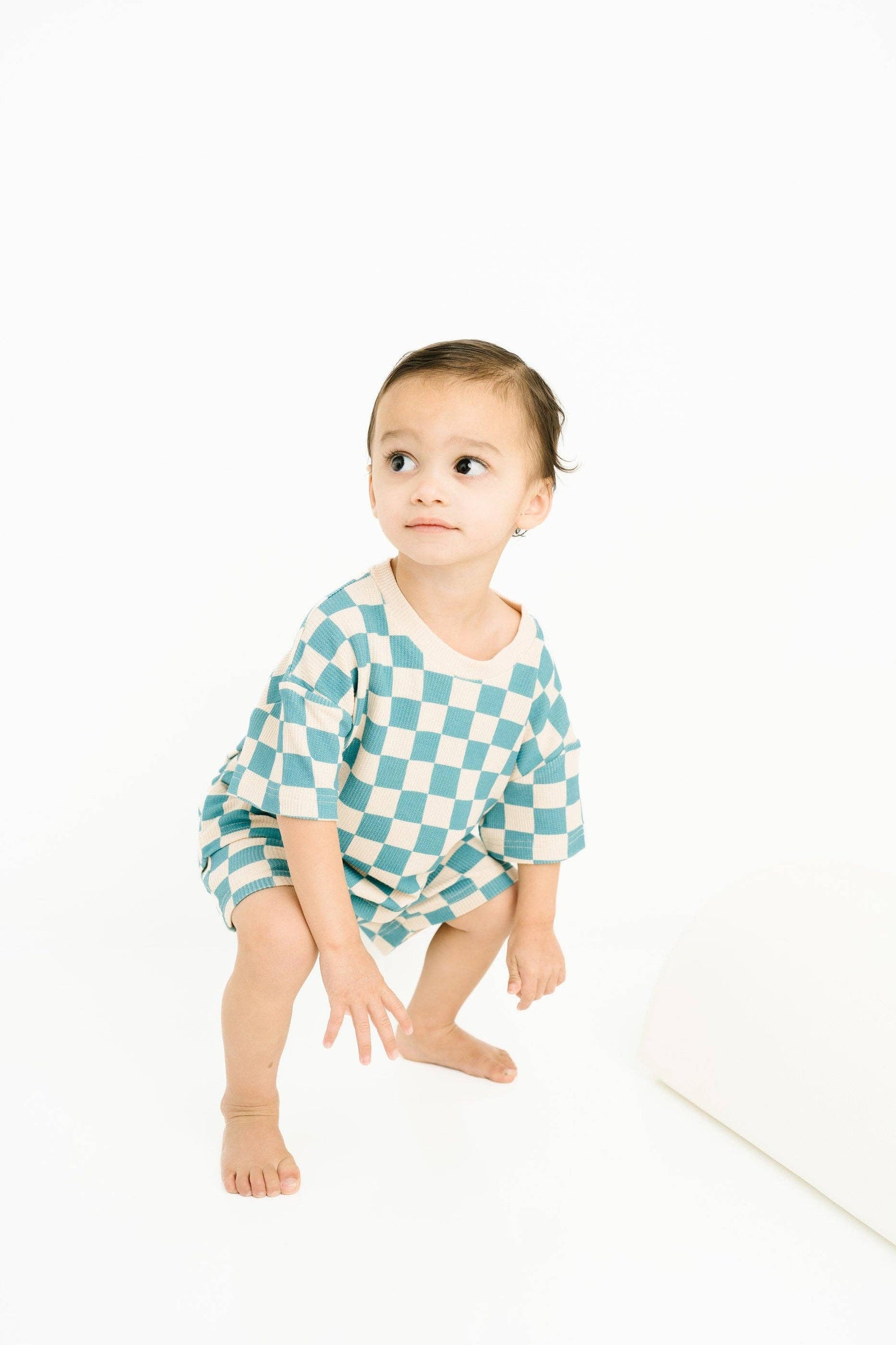 Blue Checkered Waffle Bamboo Shorts Set