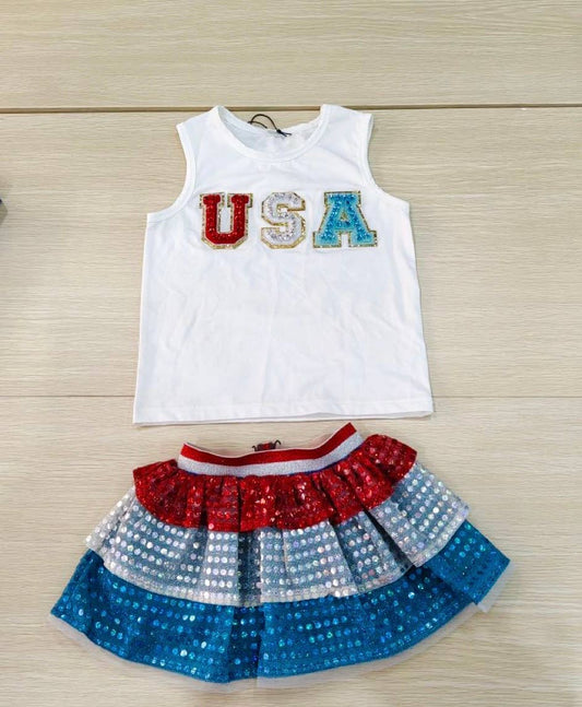 Girls USA Patched Tank & Ruffle Sequins Skirt Set