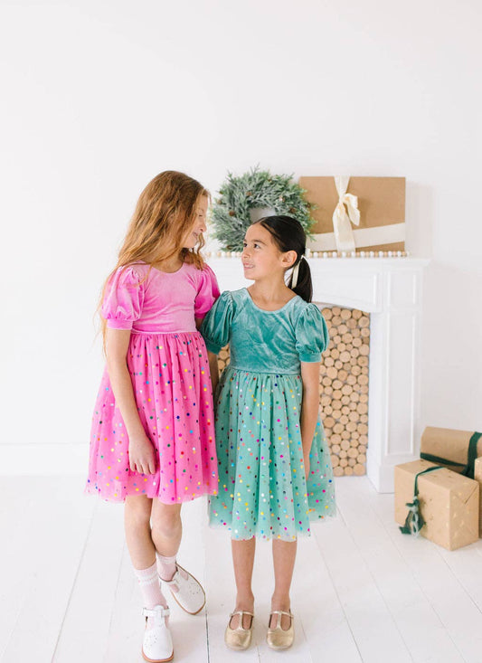 Diana Puff Dress in Bubblegum Confetti | Girls Luxury Dress