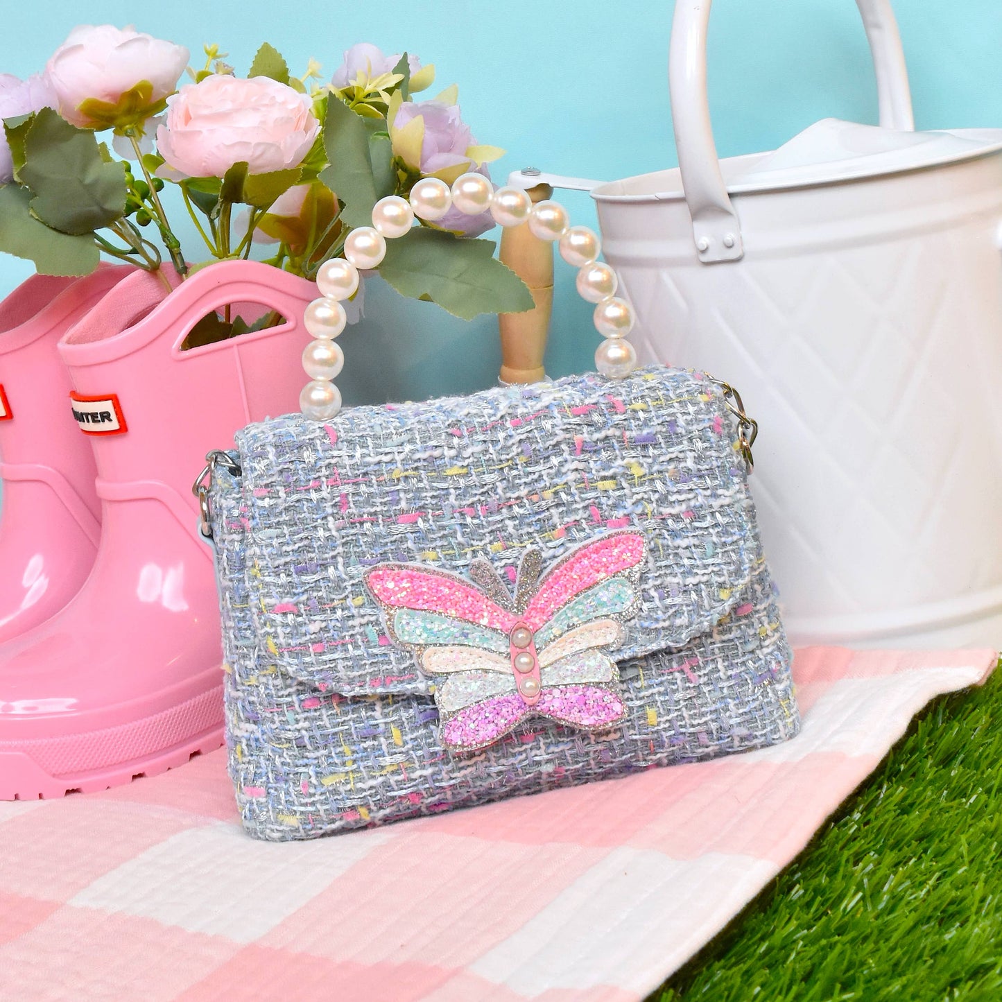 Tweed Butterfly Front Flap Crossbody Bag