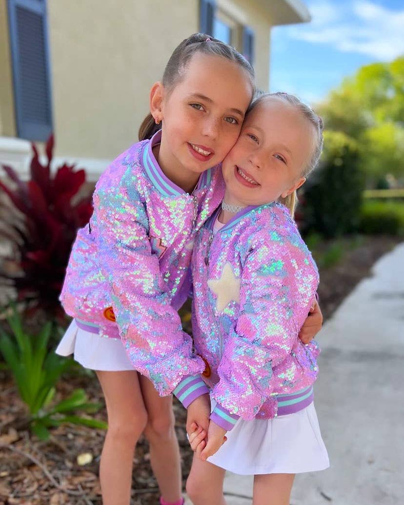 Girls Purple Iridescent Patched Sequins Bomber Jacket