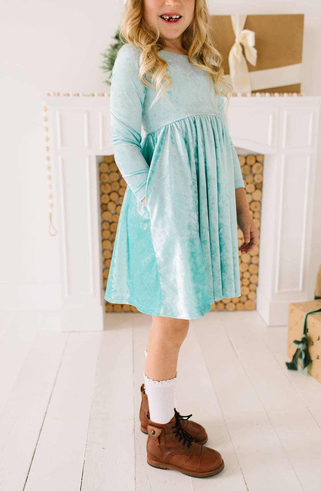 Gwendolyn Dress in Crushed Mint Velvet | girls | fall | wint