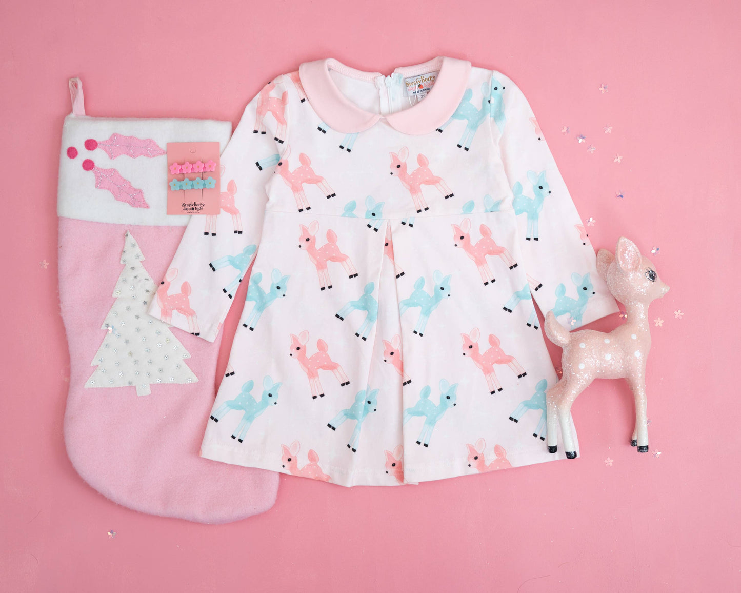 Retro Pink Reindeer Girls Christmas Dress Vintage Style