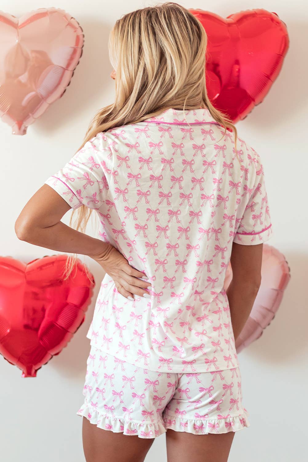 Bowknot Short Sleeve and Ruffled Shorts Pajama Set