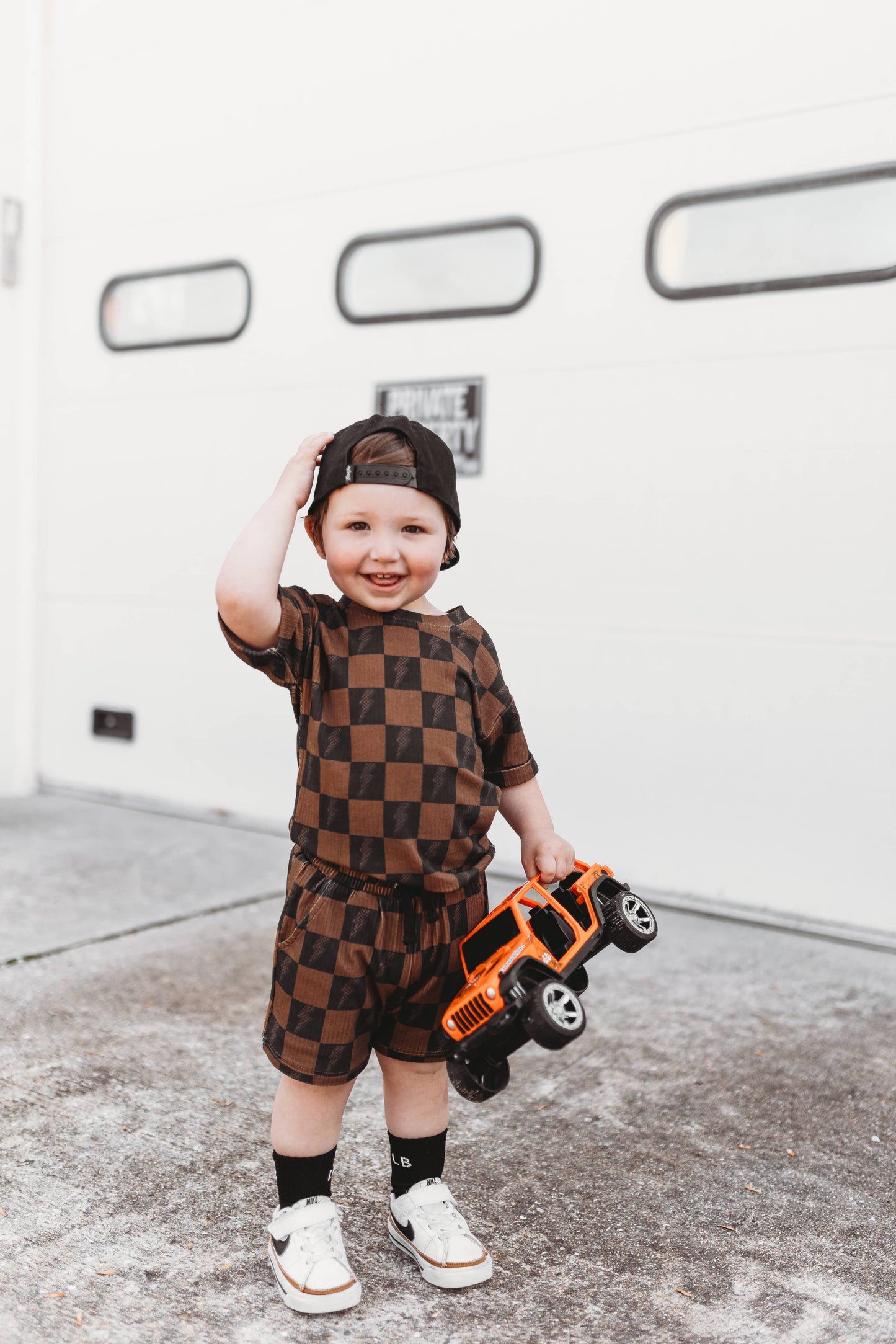 Brown Checkered Lightning Bolt Ribbed Lounge Short Set